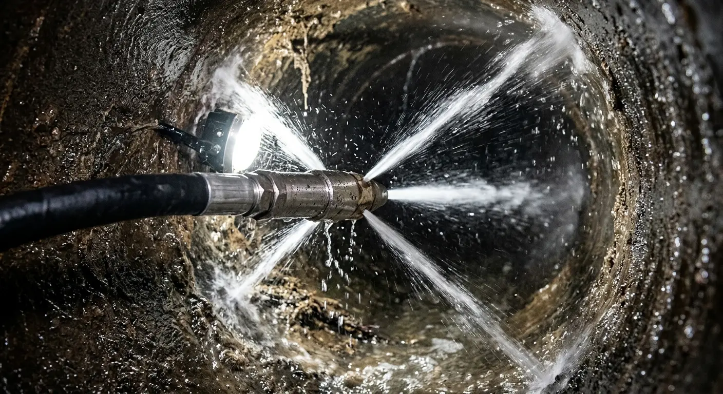 High-pressure hydro jetting nozzle cleaning sewer pipe for Sewer Line Relining in Vine Grove