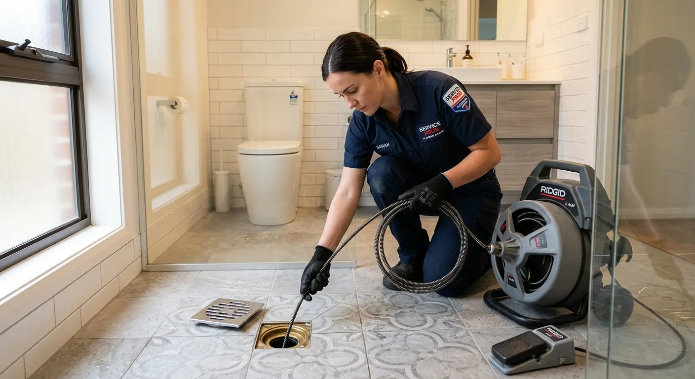 Technician clearing a bathroom floor drain for Clogged Drain Repair in Vine Grove